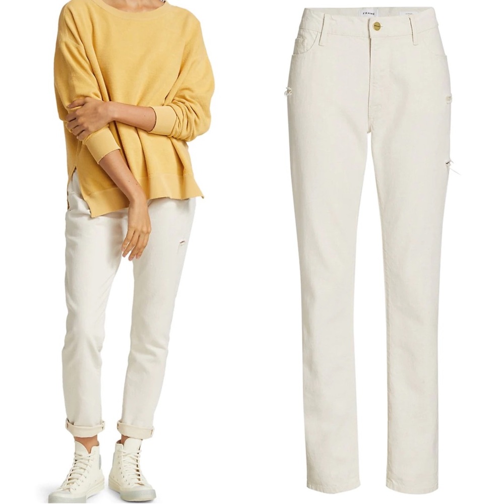 Frame Jeans Le Garcon Slouchy Mid Rise Boyfriend Distressed in Cream